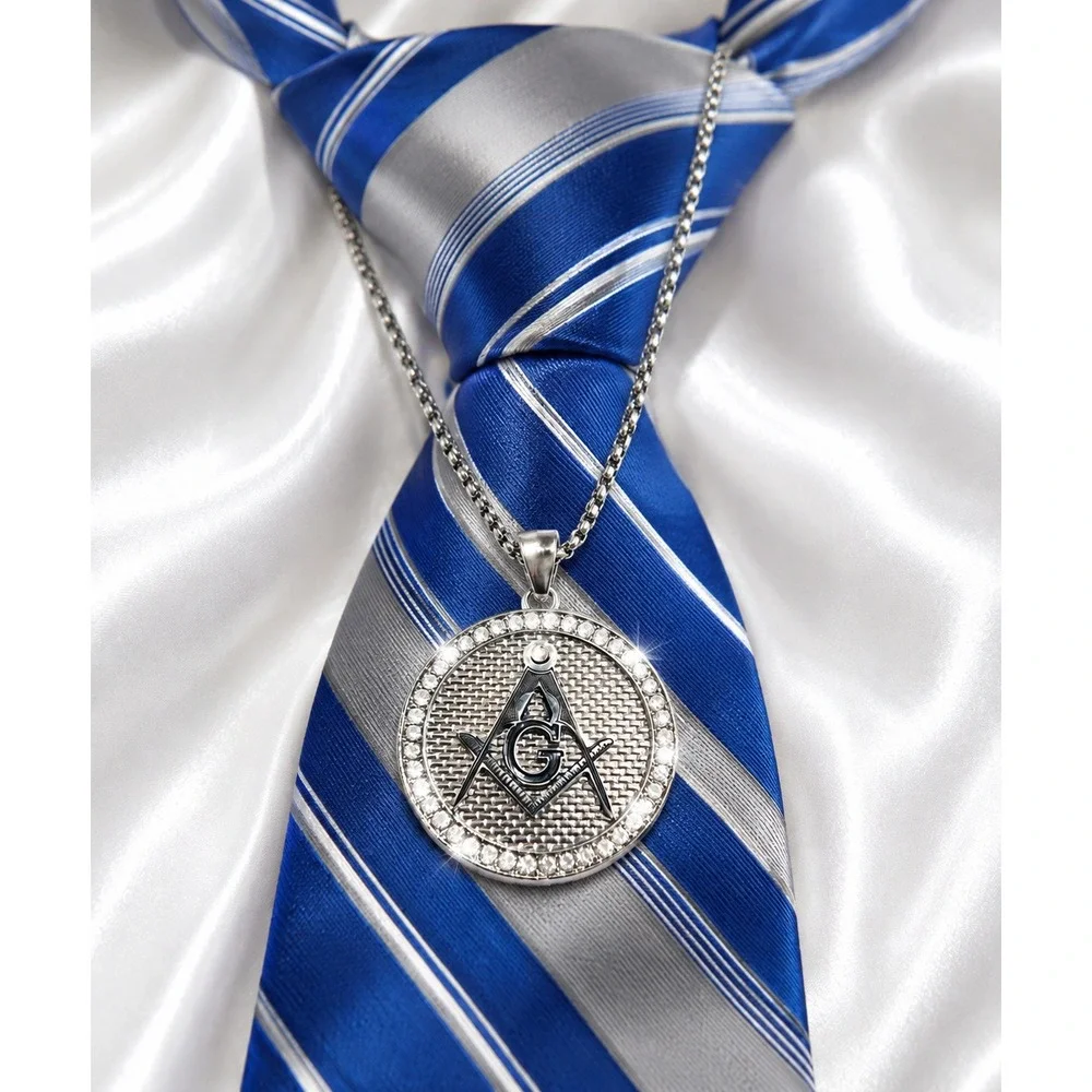 Mens Masonic Medallion Necklace Silver Tone Rhinestone Square Compasses Pendant